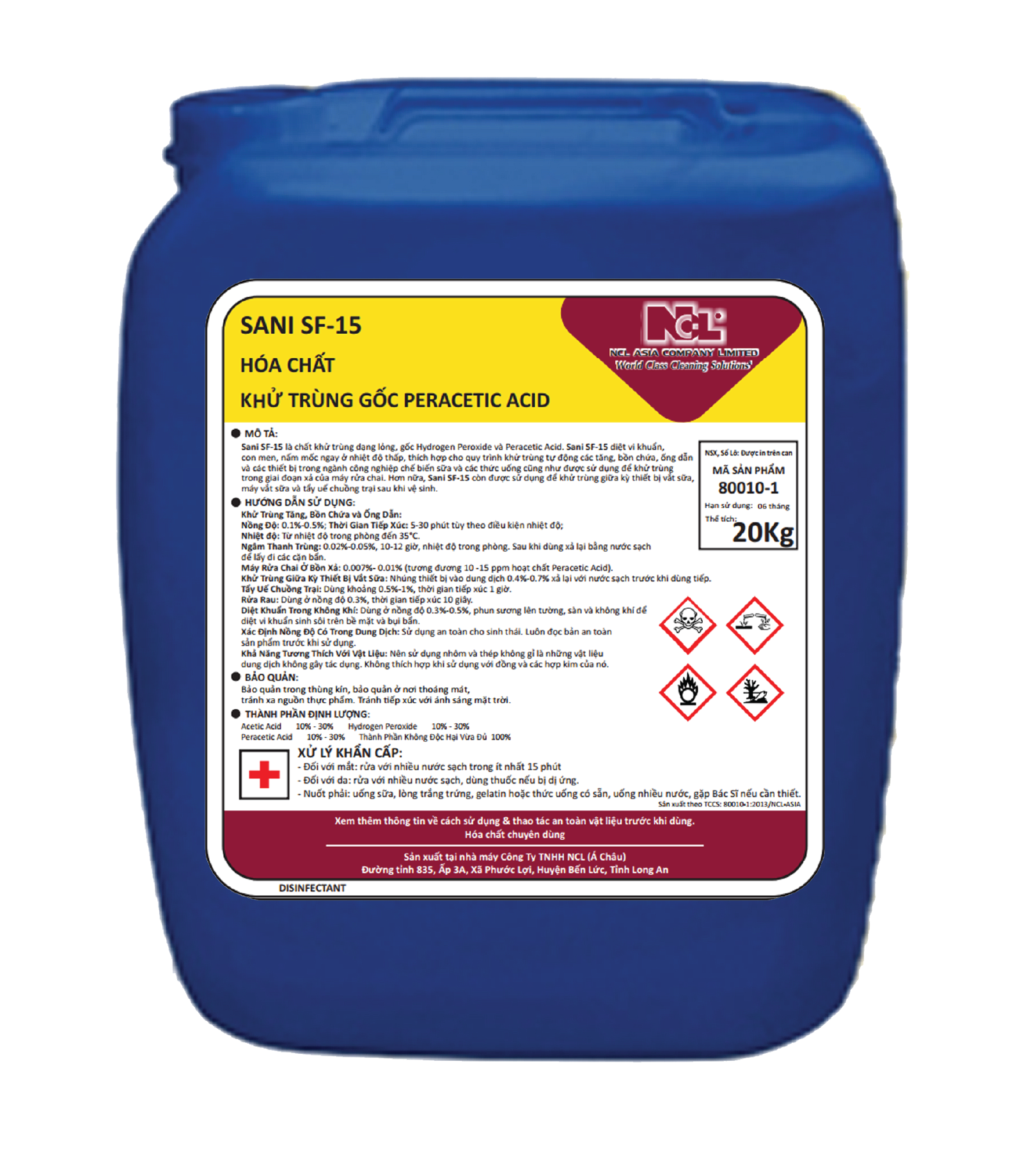 SANI SF-15 - HÓA CHẤT KHỬ TRÙNG GỐC PERACETIC ACID,  TIÊU DIỆT VI KHUẨN, NẤM MEN 20L