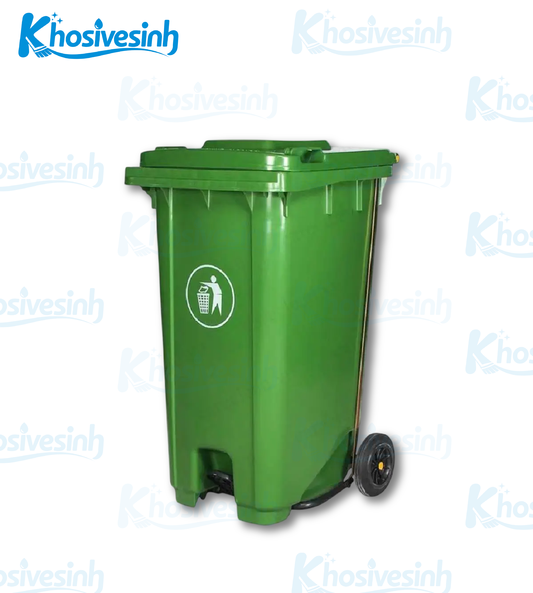 Thùng rác nhựa đạp chân 120L có bánh xe – Màu xanh lá